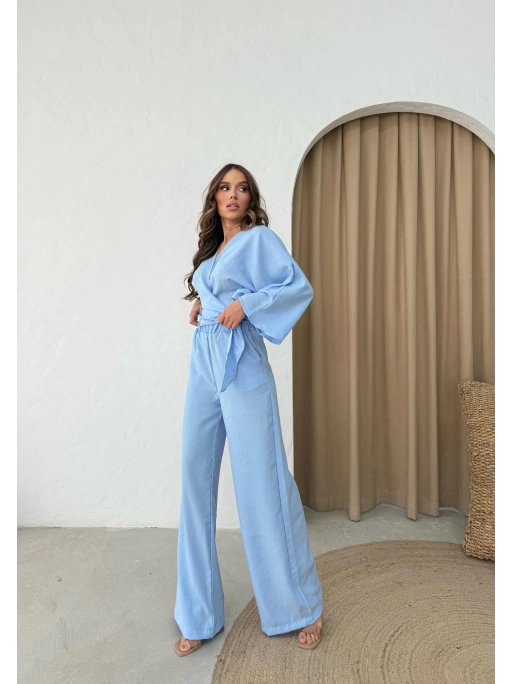 BEL BAGLAMALI BLUZ VE PANTOLONLU KETEN İKİLİ TAKIM MAVİ