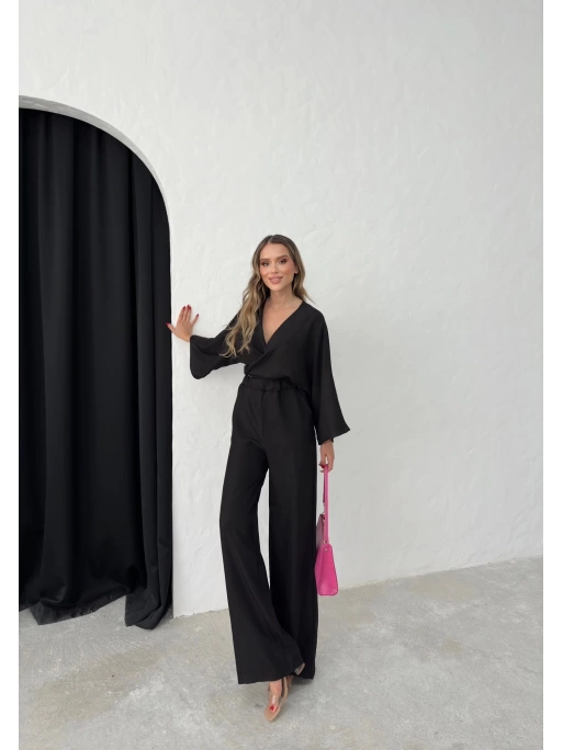 BEL BAĞLAMALI BLUZ VE PANTOLONLU KETEN İKİLİ TAKIM SİYAH
