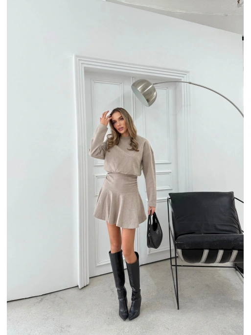 BEL BÜZGÜ DETAY ETEK VOLANLI TRİKO ELBİSE BEJ