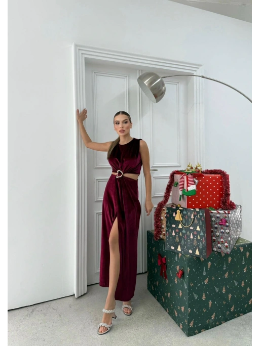 BEL DEKOLTE AKSESUAR DETAY YIRTMAÇLI KADİFE ELBİSE BORDO