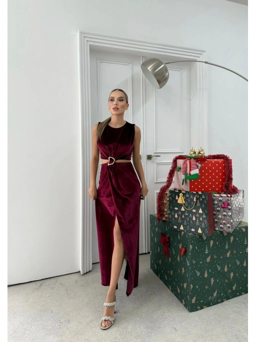 BEL DEKOLTE AKSESUAR DETAY YIRTMAÇLI KADİFE ELBİSE BORDO