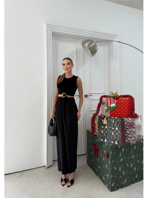 BEL DEKOLTE AKSESUAR DETAY YIRTMAÇLI KADİFE ELBİSE SİYAH