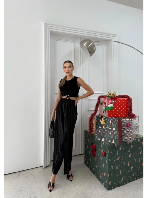 BEL DEKOLTE AKSESUAR DETAY YIRTMAÇLI KADİFE ELBİSE SİYAH