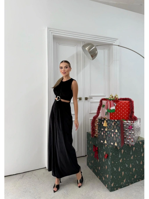 BEL DEKOLTE AKSESUAR DETAY YIRTMAÇLI KADİFE ELBİSE SİYAH