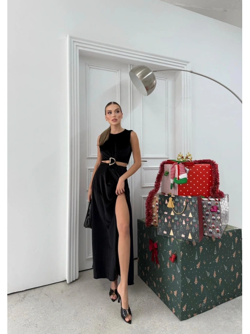 BEL DEKOLTE AKSESUAR DETAY YIRTMAÇLI KADİFE ELBİSE SİYAH