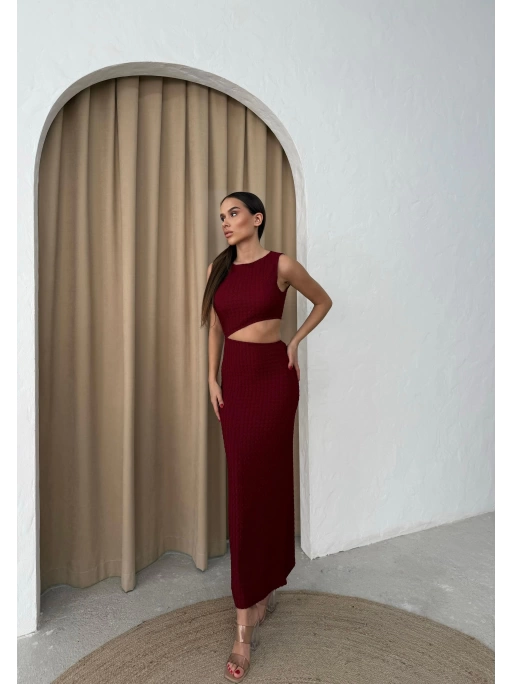 BEL DEKOLTE DETAY GOFRE UZUN ELBİSE BORDO