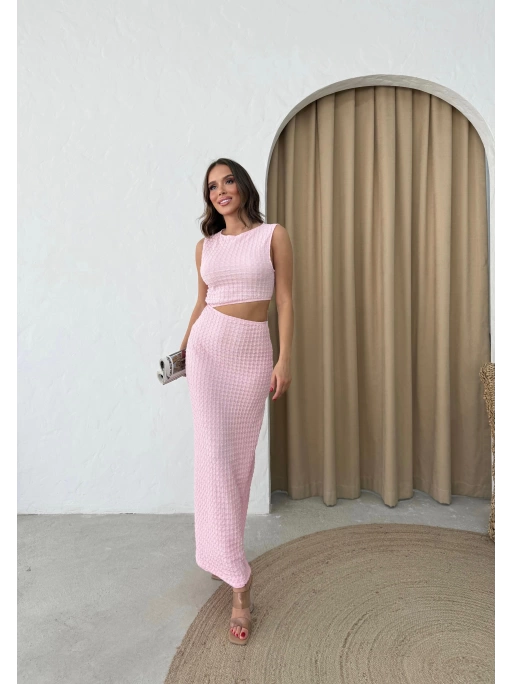 BEL DEKOLTE DETAY GOFRE UZUN ELBİSE PEMBE