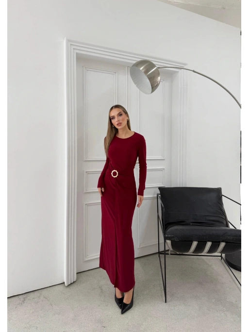 BEL DRAPE AKSESUAR DETAY UZUN SANDY ELBİSE BORDO