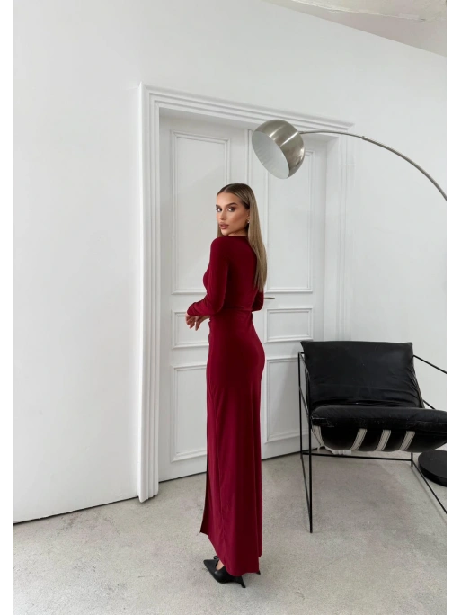 BEL DRAPE AKSESUAR DETAY UZUN SANDY ELBİSE BORDO