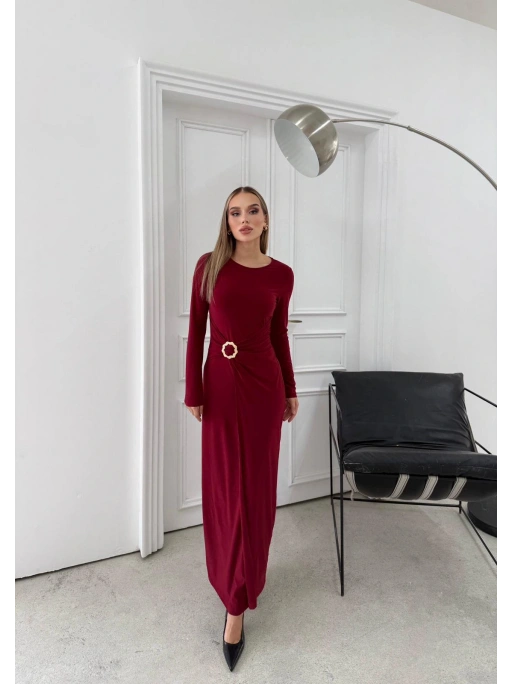BEL DRAPE AKSESUAR DETAY UZUN SANDY ELBİSE BORDO