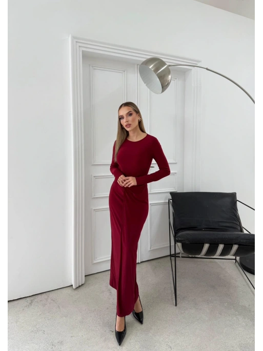 BEL DRAPE AKSESUAR DETAY UZUN SANDY ELBİSE BORDO