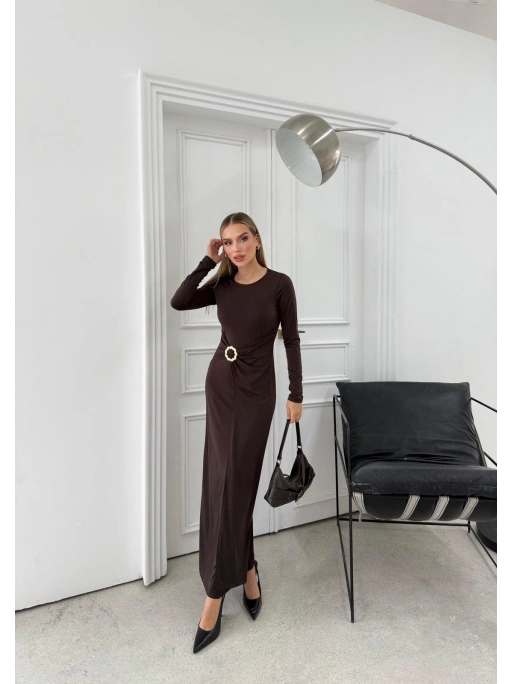 BEL DRAPE AKSESUAR DETAY UZUN SANDY ELBİSE KAHVE