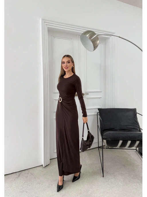 BEL DRAPE AKSESUAR DETAY UZUN SANDY ELBİSE KAHVE