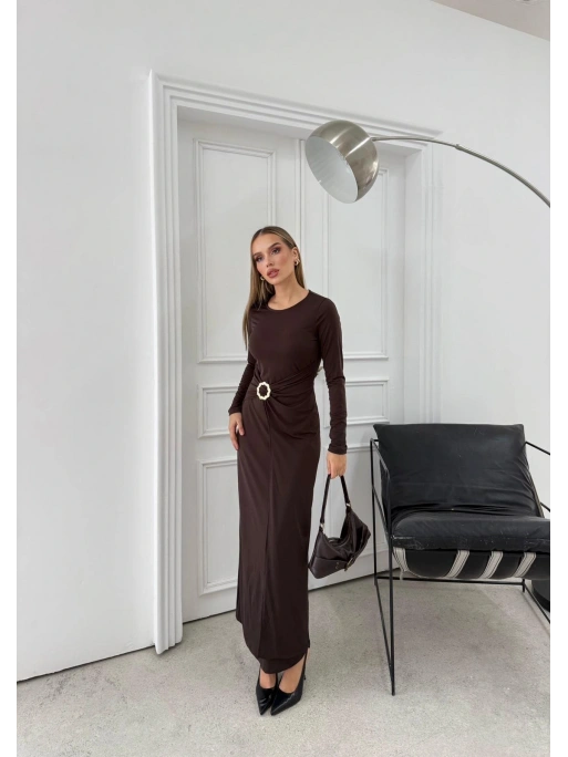 BEL DRAPE AKSESUAR DETAY UZUN SANDY ELBİSE KAHVE