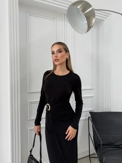 BEL DRAPE AKSESUAR DETAY UZUN SANDY ELBİSE SİYAH