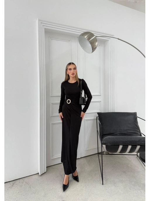 BEL DRAPE AKSESUAR DETAY UZUN SANDY ELBİSE SİYAH