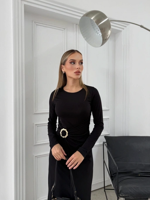 BEL DRAPE AKSESUAR DETAY UZUN SANDY ELBİSE SİYAH