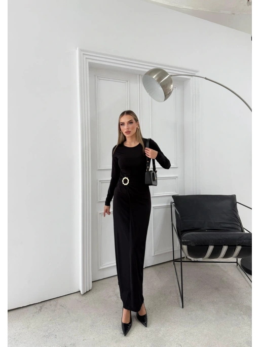 BEL DRAPE AKSESUAR DETAY UZUN SANDY ELBİSE SİYAH