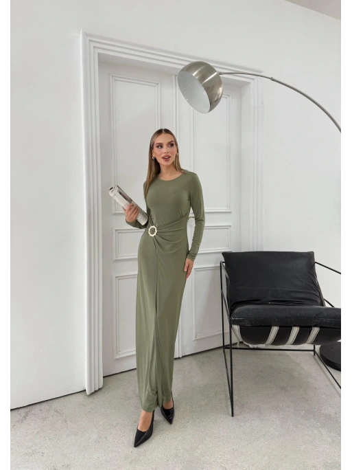 BEL DRAPE AKSESUAR DETAY UZUN SANDY ELBİSE YEŞİL