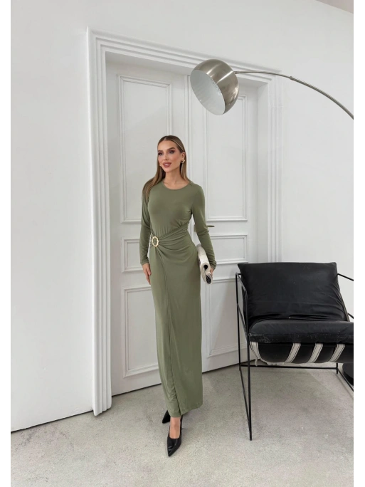 BEL DRAPE AKSESUAR DETAY UZUN SANDY ELBİSE YEŞİL