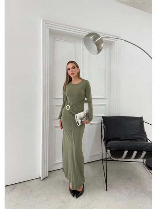 BEL DRAPE AKSESUAR DETAY UZUN SANDY ELBİSE YEŞİL