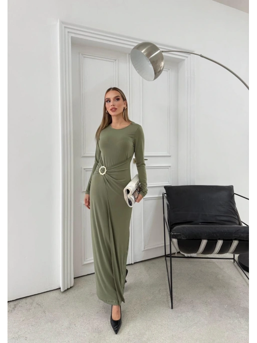 BEL DRAPE AKSESUAR DETAY UZUN SANDY ELBİSE YEŞİL