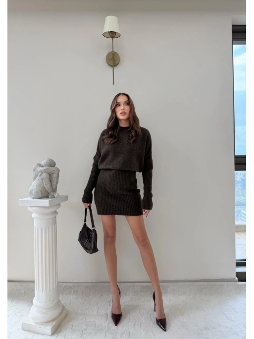 BEL KATLAMA DETAY TRİKO ELBİSE KAHVE