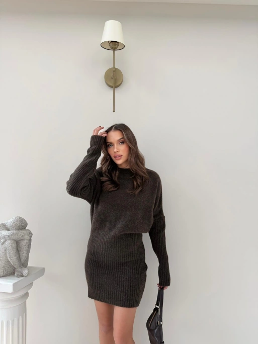 BEL KATLAMA DETAY TRİKO ELBİSE KAHVE