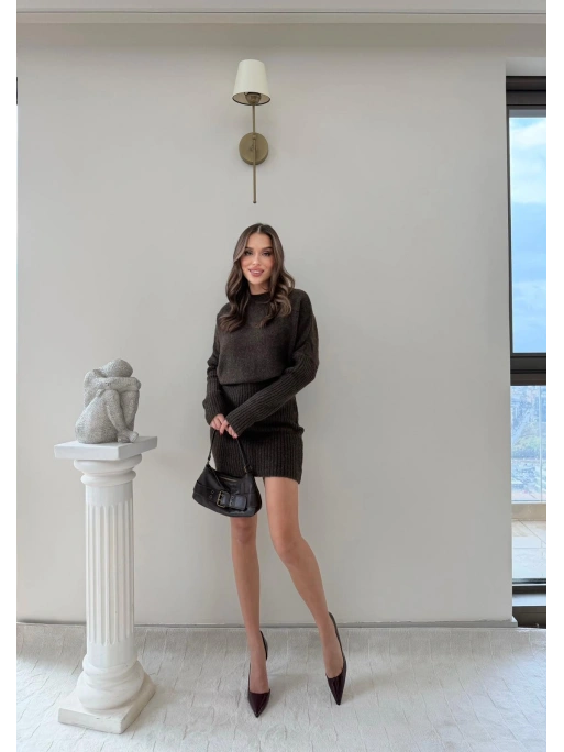 BEL KATLAMA DETAY TRİKO ELBİSE KAHVE