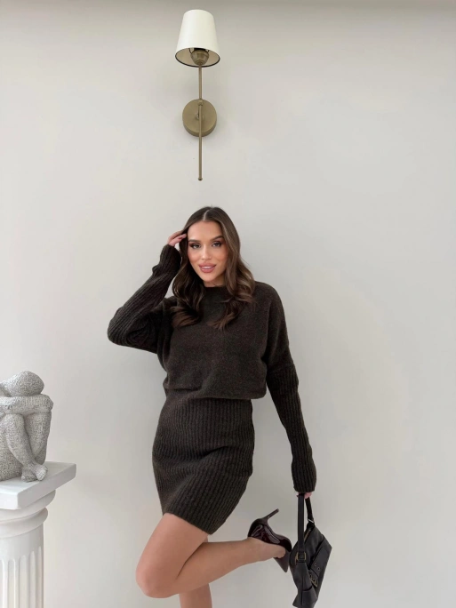 BEL KATLAMA DETAY TRİKO ELBİSE KAHVE