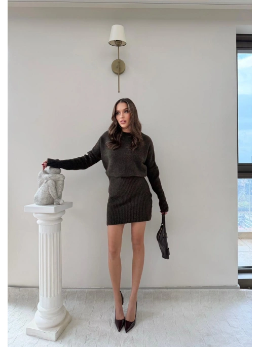 BEL KATLAMA DETAY TRİKO ELBİSE KAHVE