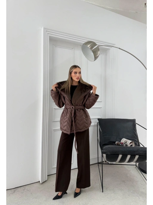 BEL KUŞAKLI BAKLAVA DESEN YAKA KÜRK DETAY ŞİŞME MONT KAHVE