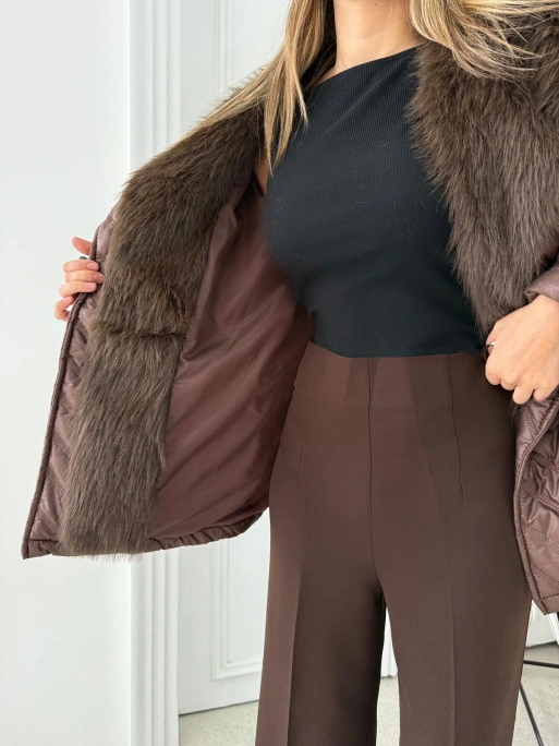 BEL KUŞAKLI BAKLAVA DESEN YAKA KÜRK DETAY ŞİŞME MONT KAHVE