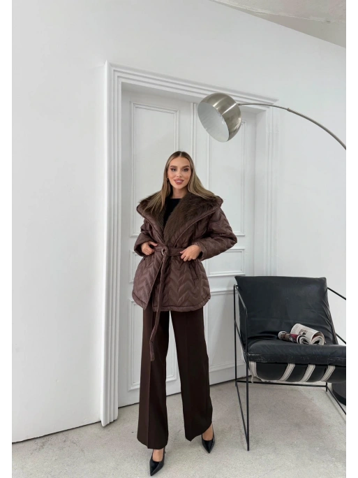 BEL KUŞAKLI BAKLAVA DESEN YAKA KÜRK DETAY ŞİŞME MONT KAHVE