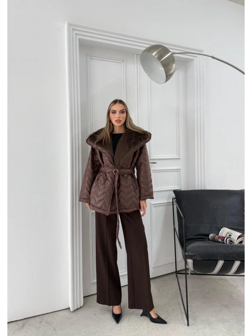 BEL KUŞAKLI BAKLAVA DESEN YAKA KÜRK DETAY ŞİŞME MONT KAHVE