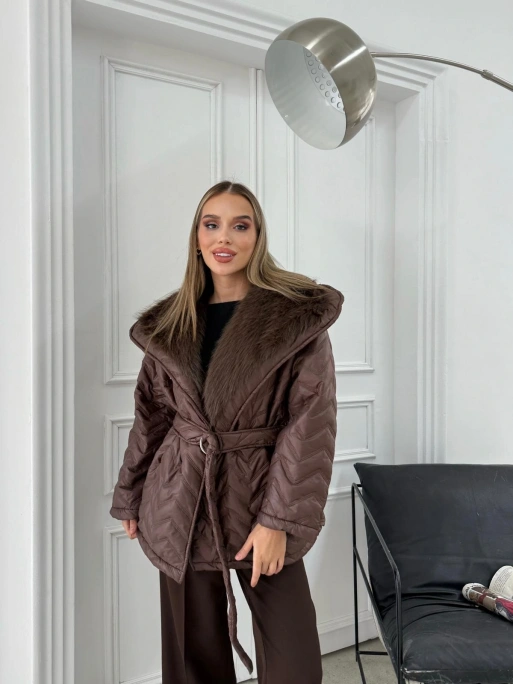 BEL KUŞAKLI BAKLAVA DESEN YAKA KÜRK DETAY ŞİŞME MONT KAHVE