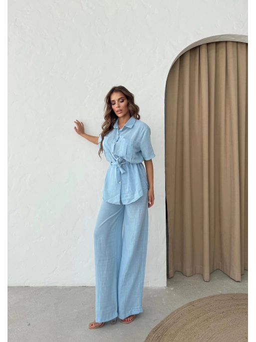 BEL KUŞAKLI DÜĞME DETAY BLUZ VE PANTOLONLU KETEN İKİLİ TAKIM MAVİ