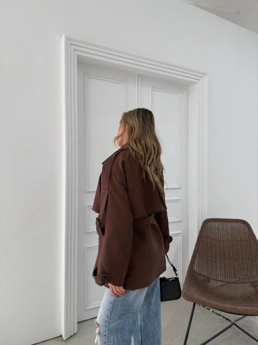 BEL KUŞAKLI DÜĞME DETAY İÇ ASTARLI OVERSİZE KISA TRENÇKOT KAHVE