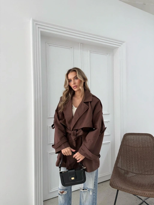 BEL KUŞAKLI DÜĞME DETAY İÇ ASTARLI OVERSİZE KISA TRENÇKOT KAHVE