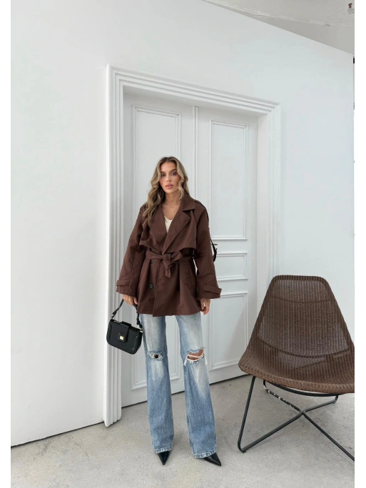 BEL KUŞAKLI DÜĞME DETAY İÇ ASTARLI OVERSİZE KISA TRENÇKOT KAHVE