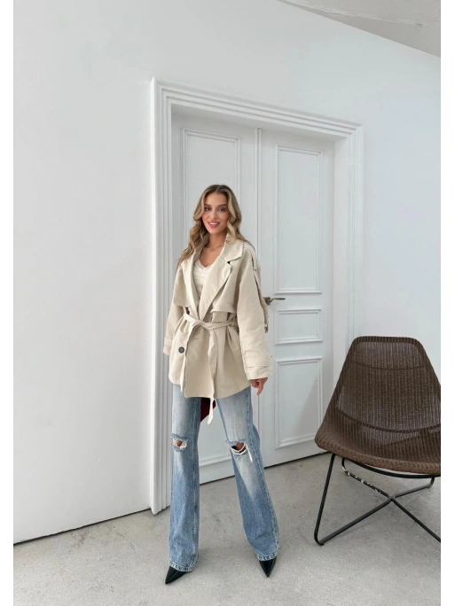 BEL KUŞAKLI DÜĞME DETAY İÇ ASTARLI OVERSİZE KISA TRENÇKOT TAŞ