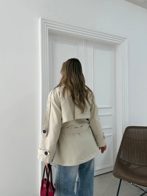 BEL KUŞAKLI DÜĞME DETAY İÇ ASTARLI OVERSİZE KISA TRENÇKOT TAŞ