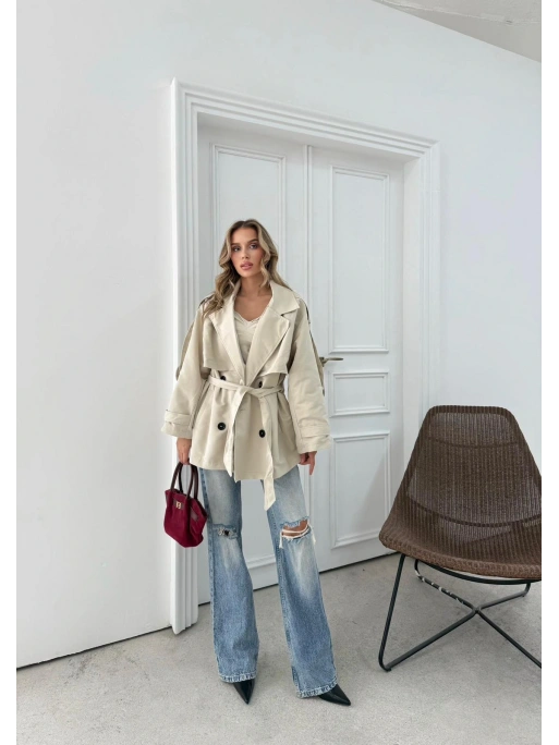 BEL KUŞAKLI DÜĞME DETAY İÇ ASTARLI OVERSİZE KISA TRENÇKOT TAŞ