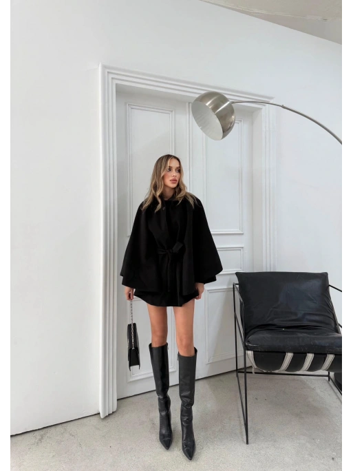 BEL KUŞAKLI KAŞE PANÇO SİYAH