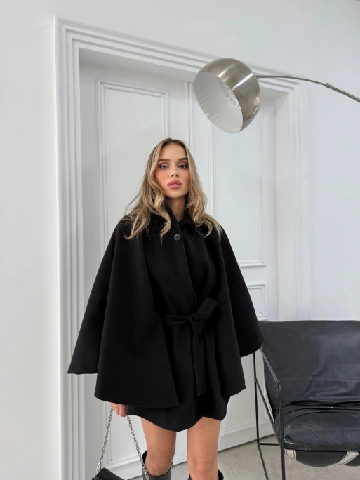 BEL KUŞAKLI KAŞE PANÇO SİYAH