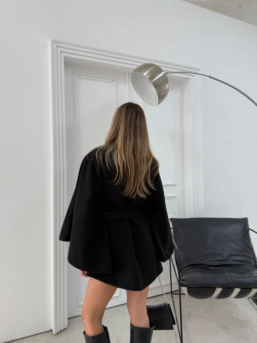 BEL KUŞAKLI KAŞE PANÇO SİYAH