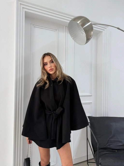 BEL KUŞAKLI KAŞE PANÇO SİYAH