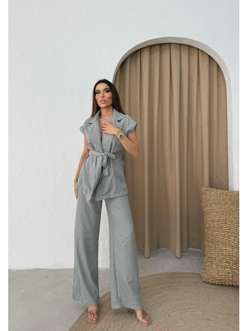 BEL KUŞAKLI YELEK VE PANTOLONLU İKİLİ TAKIM GRİ