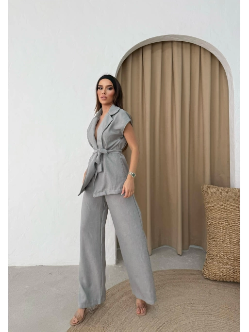BEL KUŞAKLI YELEK VE PANTOLONLU İKİLİ TAKIM GRİ
