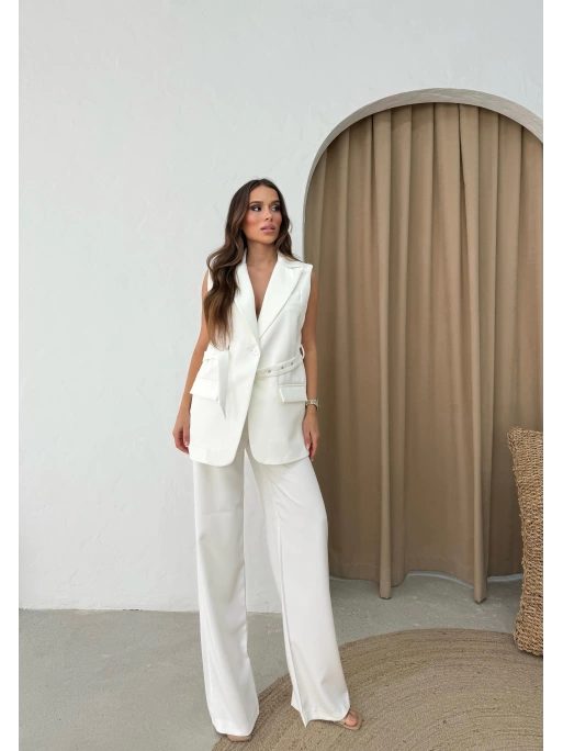 BELİ KEMERLİ YELEK VE PANTOLONLU İKİLİ TAKIM BEYAZ